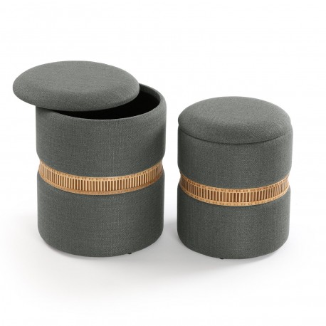SET DE 2 POUFS RANGEMENT GRIS FONCÉ ANNEAU BAMBOU