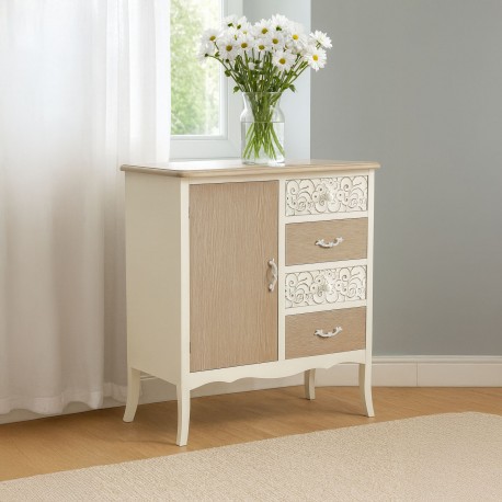 COMMODE RUSTIQUE BLANCHE 4 TIROIRS/1 PORTE