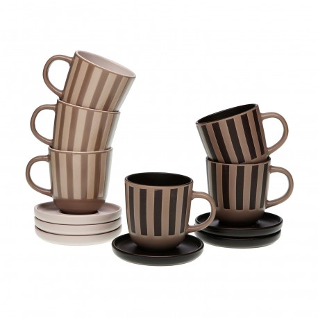 SET 6 TASSES CAFE AVEC SOUCOUPE RAYURES MARRON