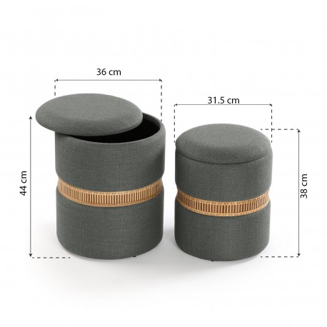 SET DE 2 POUFS RANGEMENT GRIS FONCÉ ANNEAU BAMBOU