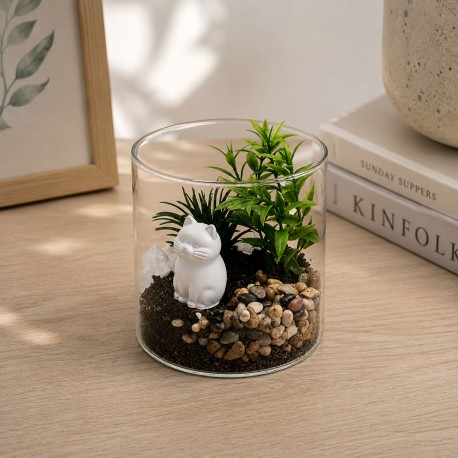 POT EN VERRE AVEC PLANTE ET CHAT