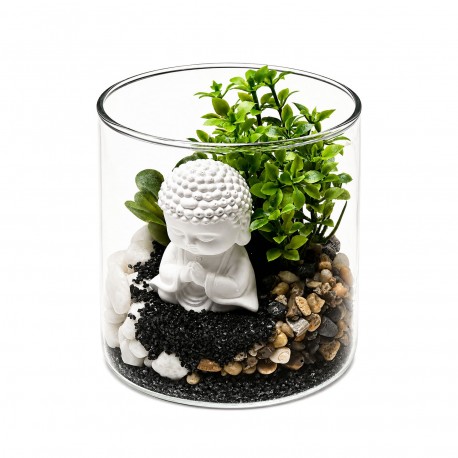 POT EN VERRE AVEC PLANTE ET BOUDDHA