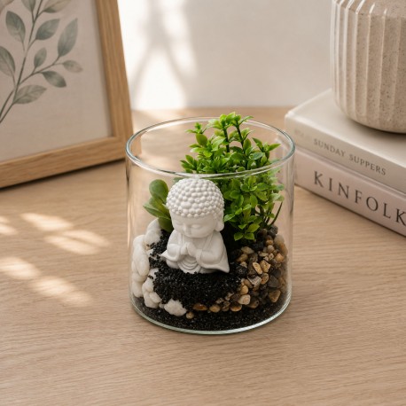 POT EN VERRE AVEC PLANTE ET BOUDDHA