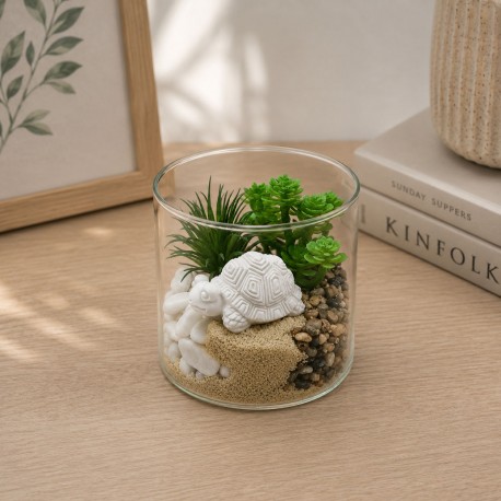 POT EN VERRE AVEC PLANTE ET TORTUE