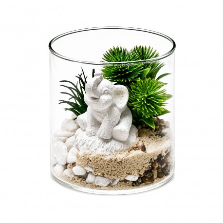 POT EN VERRE AVEC PLANTE ET ÉLÉPHANT