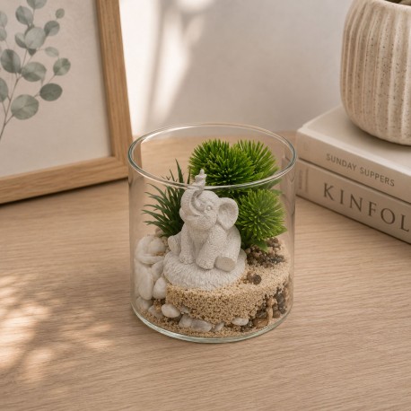 POT EN VERRE AVEC PLANTE ET ÉLÉPHANT