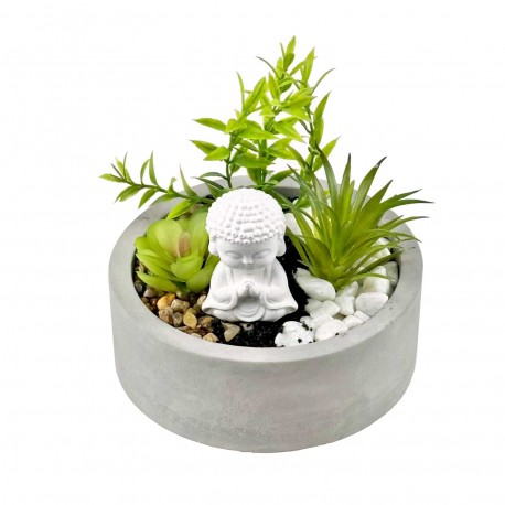POT EN CIMENT AVEC PLANTE ET BOUDDHA