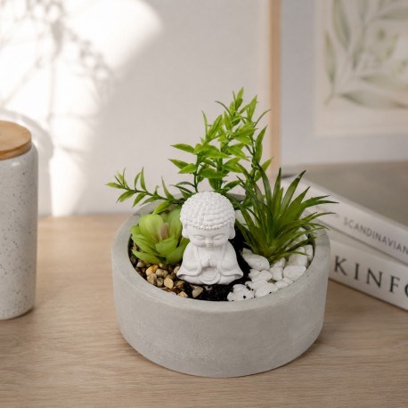 POT EN CIMENT AVEC PLANTE ET BOUDDHA
