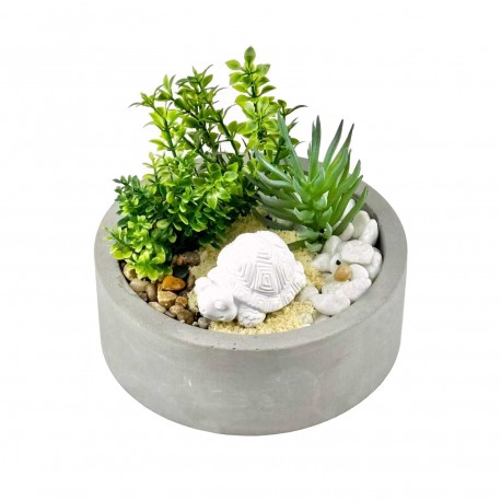 POT EN CIMENT AVEC PLANTE ET TORTUE