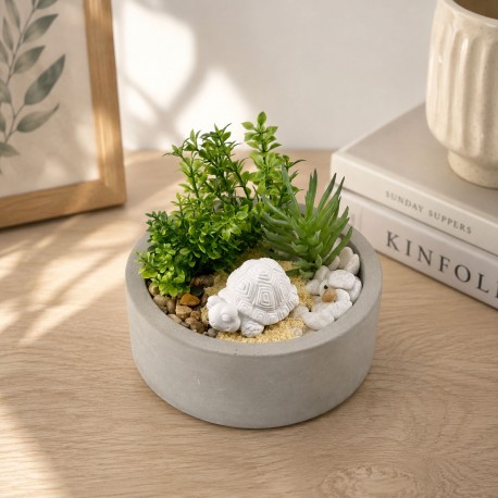 POT EN CIMENT AVEC PLANTE ET TORTUE