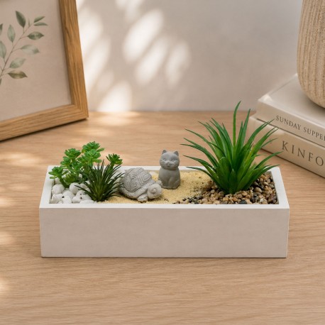 POT CIMENT BLANC PLANTE TORTUE CHAT
