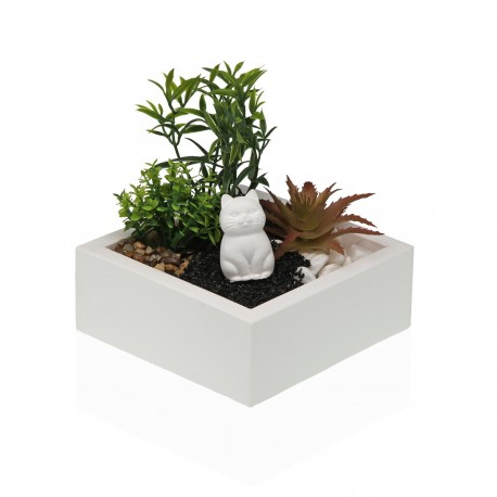 POT EN CIMENT AVEC PLANTE ET CHAT